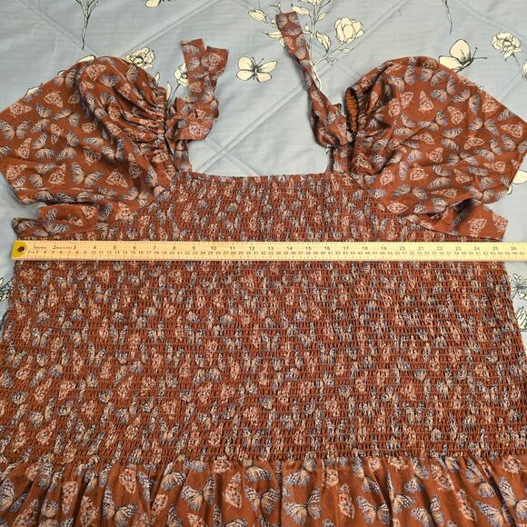 Ivy City Co Plus Sz 4X Butterfly Smocked Sundress Puff Sleeve Brown Cottagecore - Picture 9 of 11